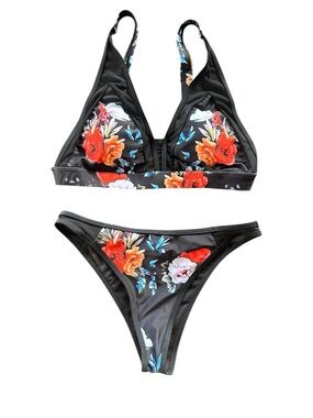 Black Floral Bikini Set - Vibrant Red & Orange Flowers